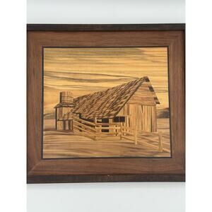 Vintage Inlaid Marquetry Wood Art Plaque Farm Barn & Silo Signed H. Main USA